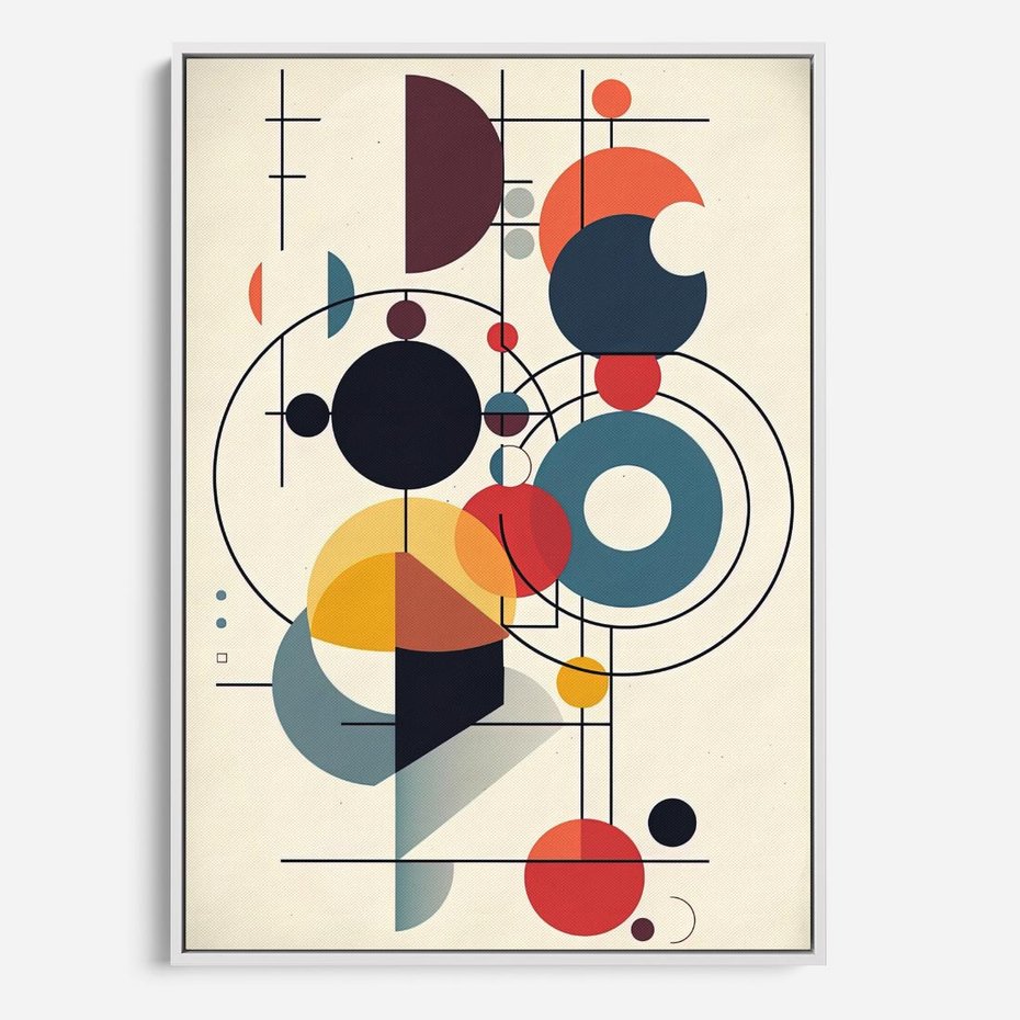 Obraz w ramie 50x70 - Rozbijające Barwne Granice - abstrakcyjna geometryczna kompozycja, koła linie - rama biała