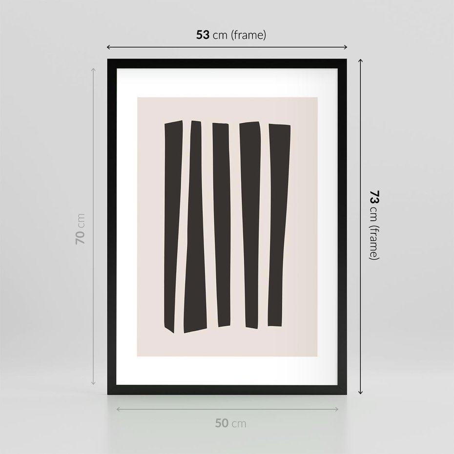 Plakat w ramie 50x70 - Migotliwa Transformacja Form - minimalizm, czarne pasy - rama czarna