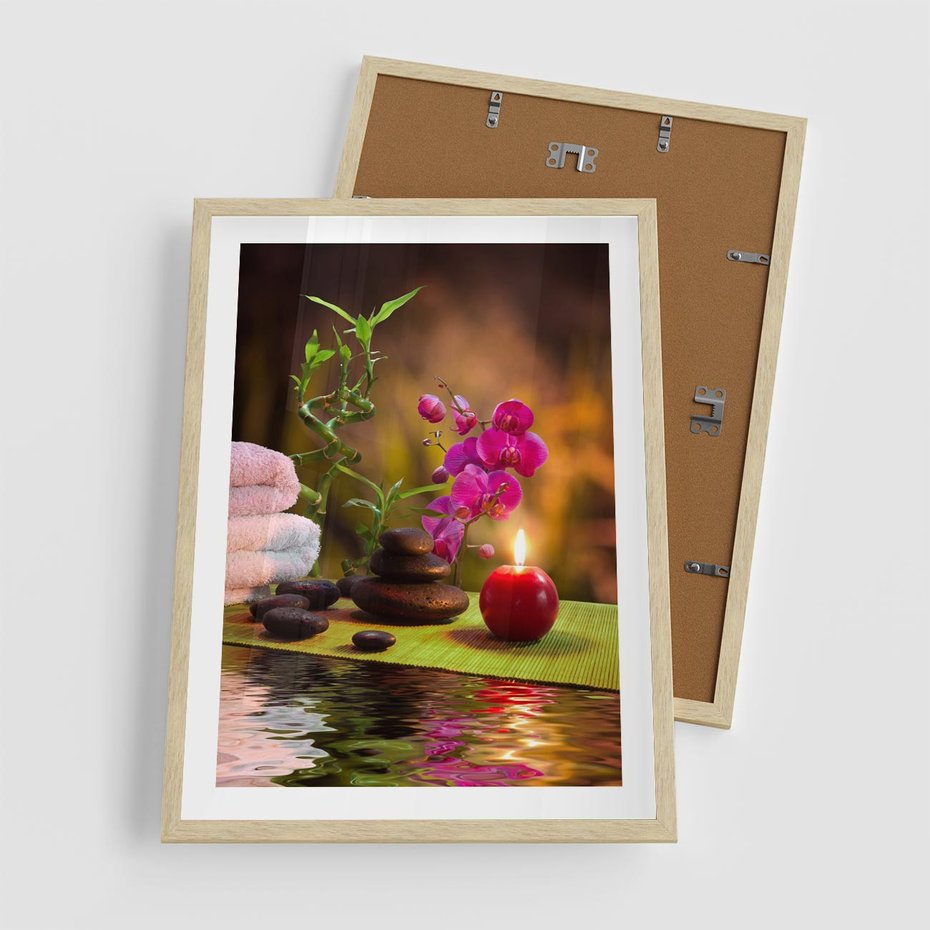 Plakat w ramie 50x70 - Światło Świecących Kwiatów w Spa - spa, świaca - rama drewno