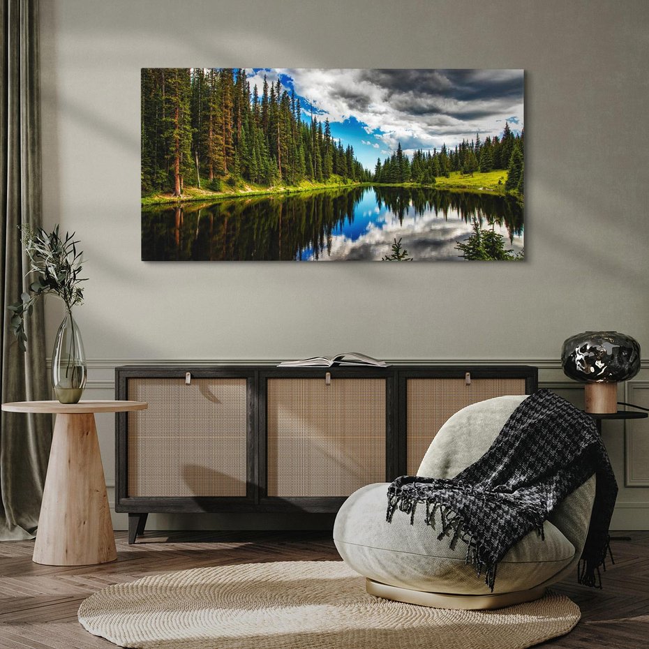 Obraz na płótnie 120x60 - Spokój nad jeziorem wśród lasu - las, jezioro