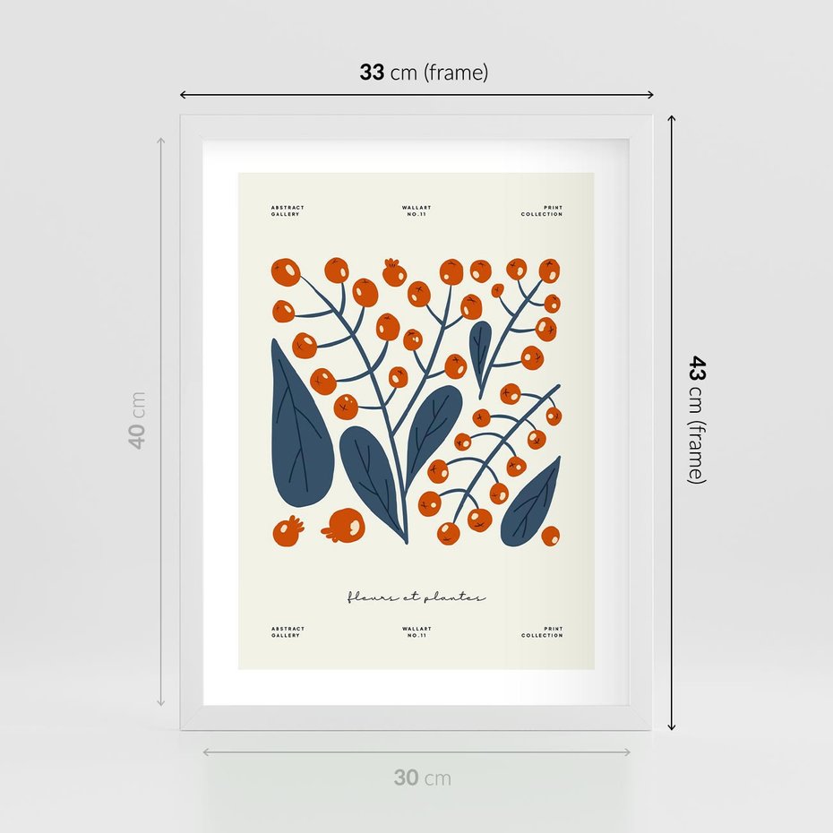 Plakat w ramie 30x40 - Minimalistyczna Uroda Jarzębin - jarzębiny, niebieskie liście - rama biała