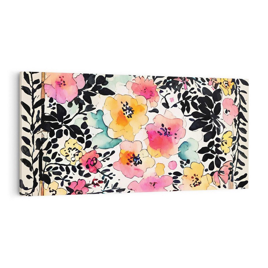 Obraz na płótnie 100x50 - Opowieść w kroplach farb - akwarelowe kwiaty, mocna ornamentowa czarna ramka namalowana dookoła obrazu