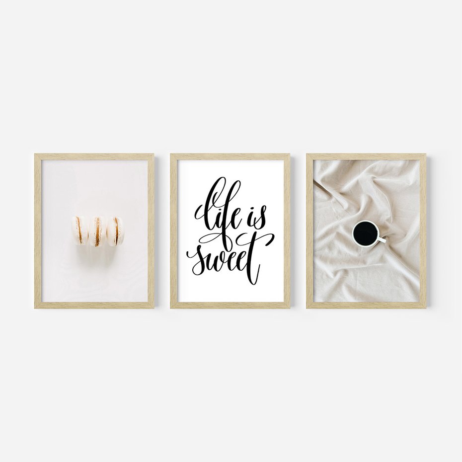 Zestaw obrazy w ramie 30x40 galeria - Makaroniki, kawa, typografia, napisy - rama drewno