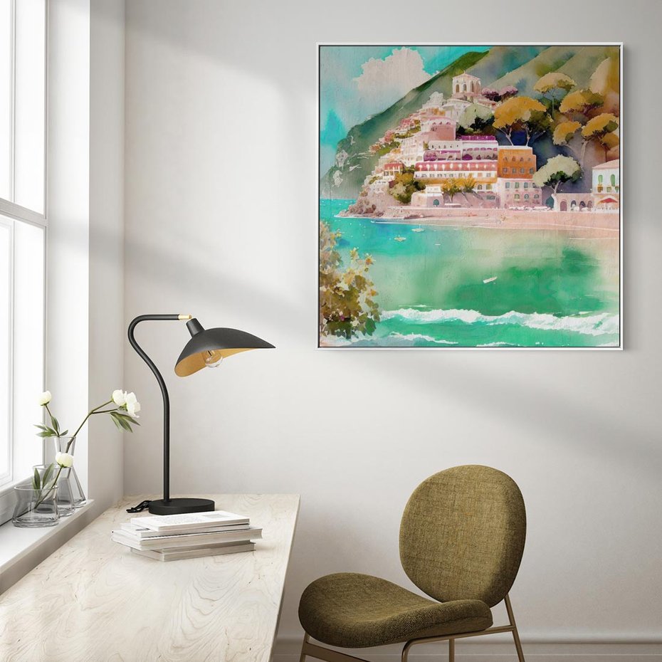 Obraz w ramie 80x80 - Na Zboczu - akwarela, nadmorski pejzaż - rama biała