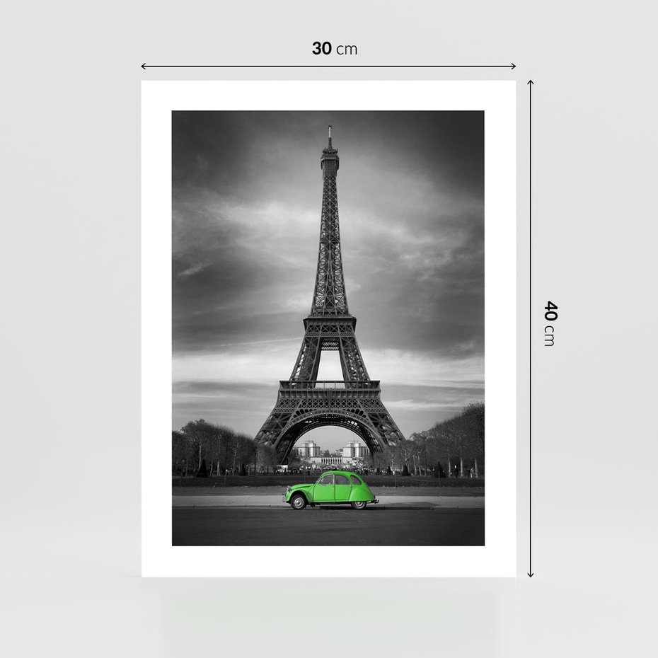 Plakat bez ramy 30x40 - Paryskie Romantyczne Spotkanie - Eiffla, samochód