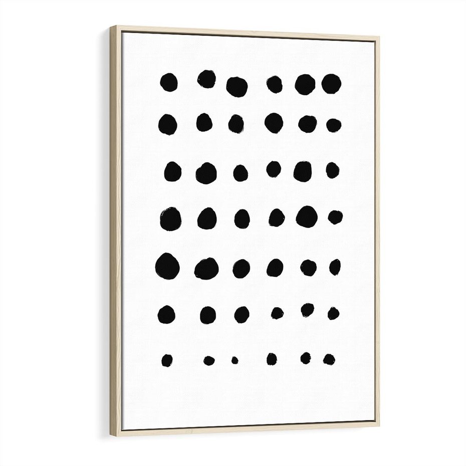 Obraz w ramie 80x120 - Refleksje Światła - minimalistyczna kompozycja, czarne kropkina białym tle - rama drewno