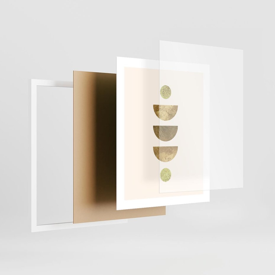 Plakat w ramie 40x50 - Harmonijne Odbicia - geometryczne złote kształty, tekstura - rama biała