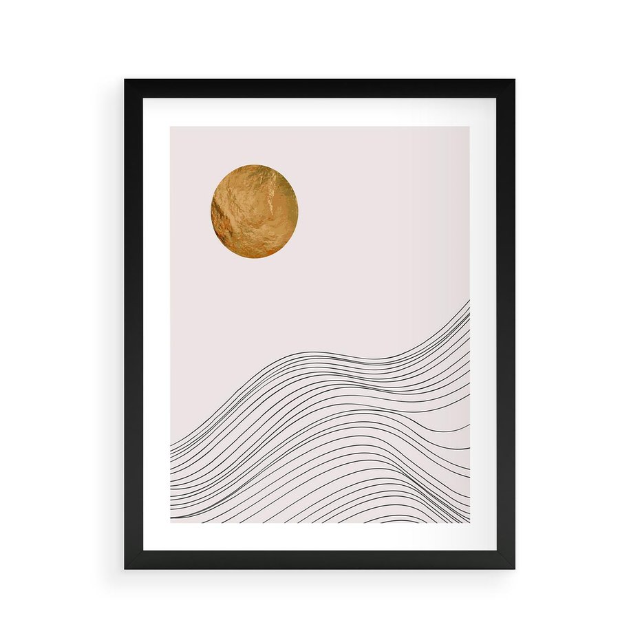 Plakat w ramie 40x50 - Minimalistyczne Słońce: Blask i Złoto - grafika, minimalizm - rama czarna