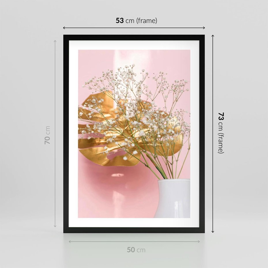 Plakat w ramie 50x70 - Złoty Akcent - złoty liść montery, gipsówka - rama czarna