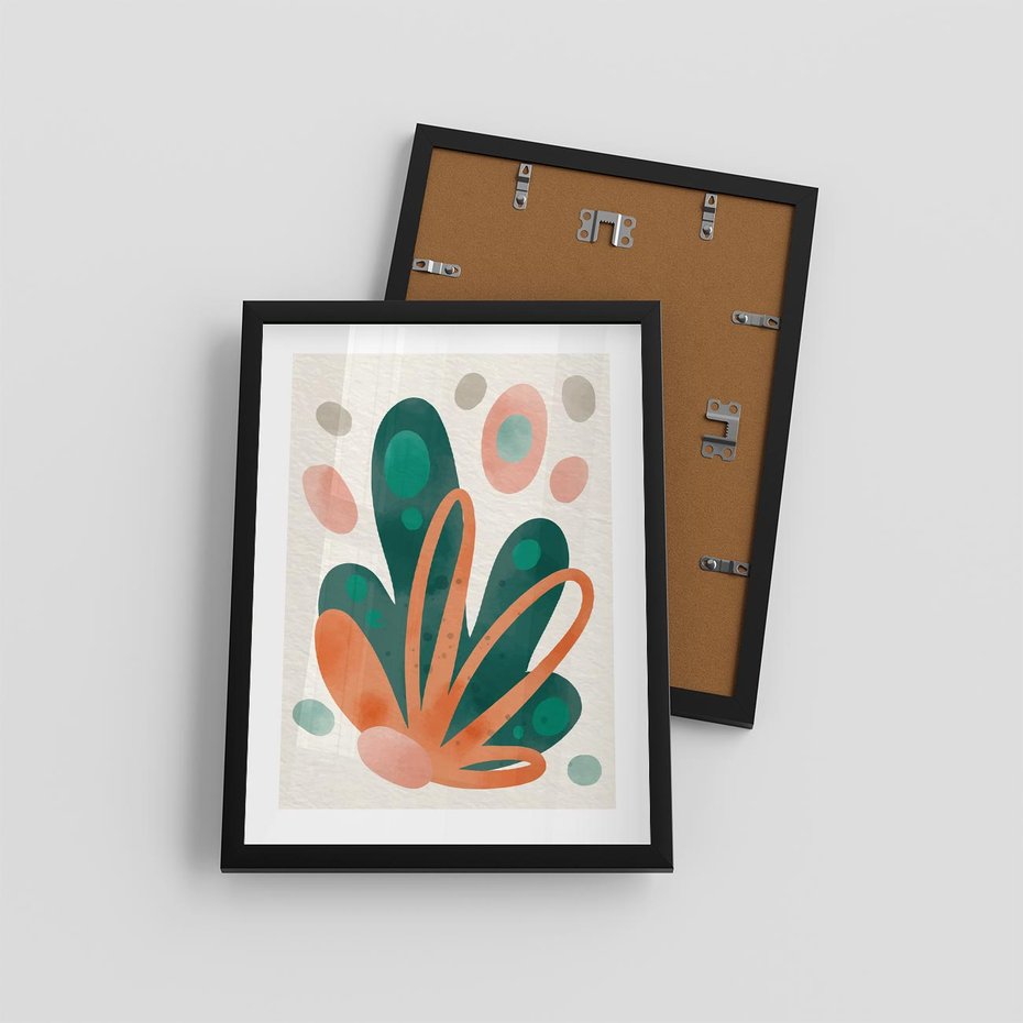 Plakat w ramie 30x40 - Harmonia bez Harmonii - akwarelowe abstrakcyjne kształty, zieleń i pomarańcz - rama czarna