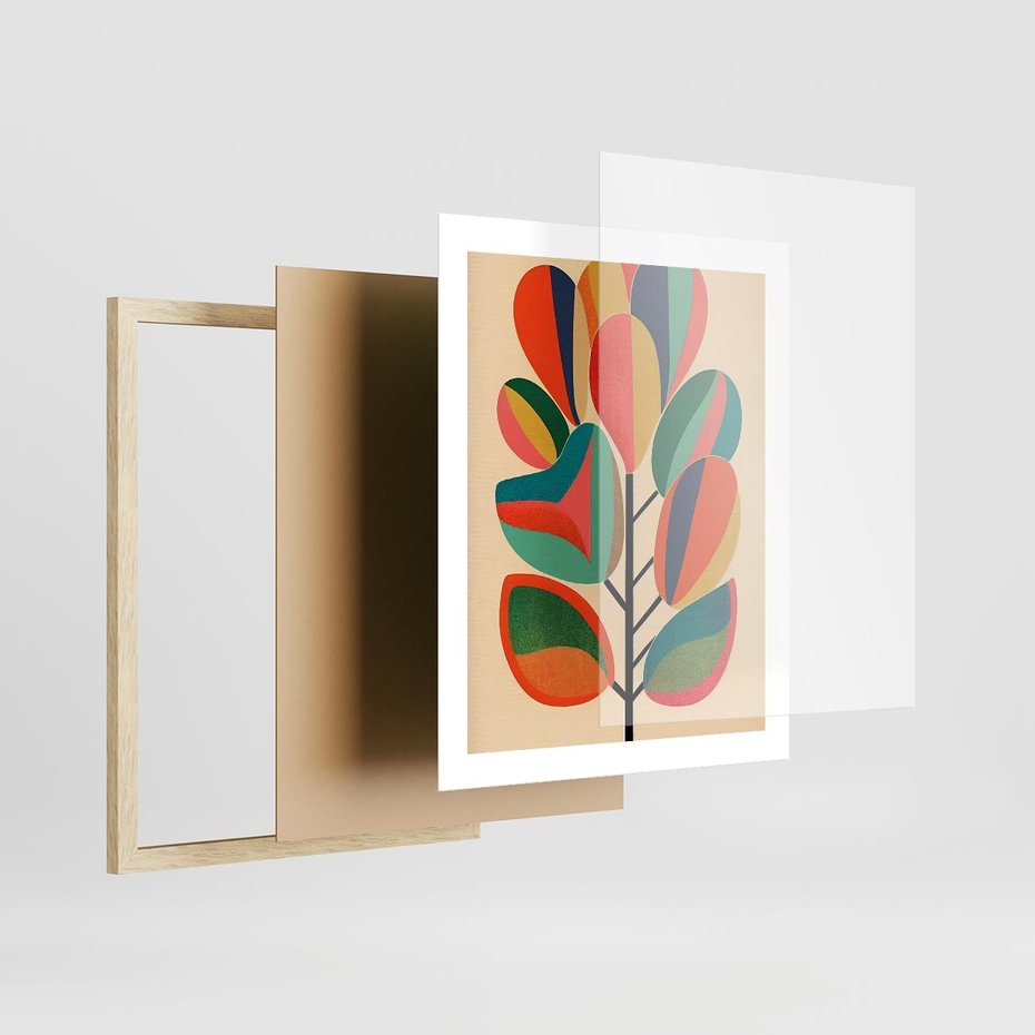 Plakat w ramie 40x50 - Wnętrza Kształtów - abstrakcyjny kolorowy tęczowy obraz, inspiracje roślinne - rama drewno