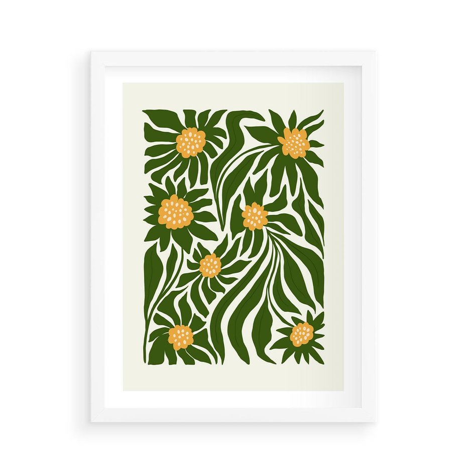 Plakat w ramie 50x70 - Spojrzenie wgłąb roślinnego świata - abstrakcyjne kwiaty, kompozycja - rama biała