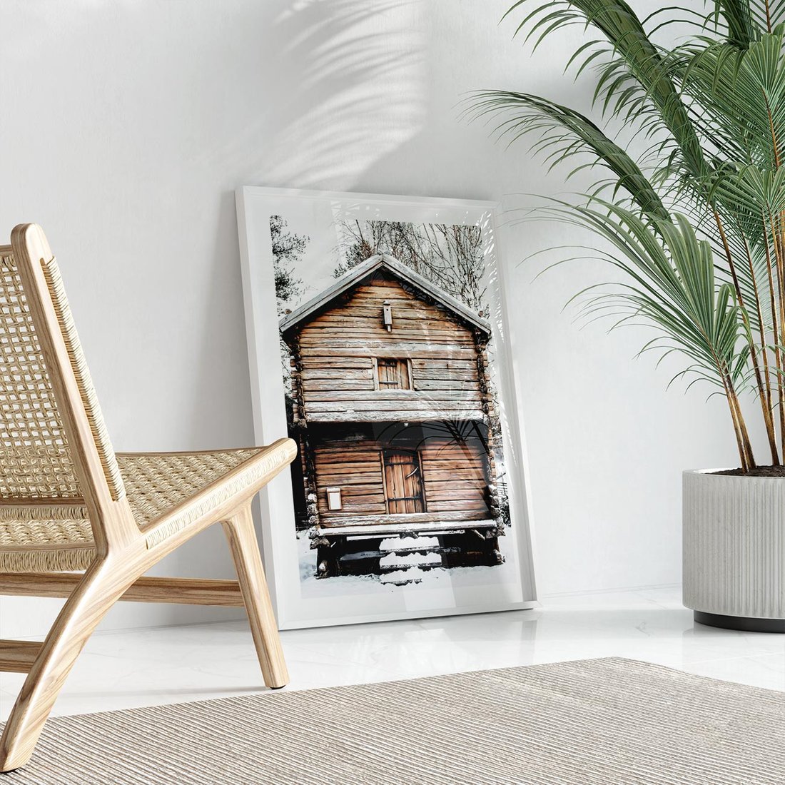 Plakat w ramie 30x40 - Śnieżny Ustronny Raj - domek w górach, śnieg - rama biała