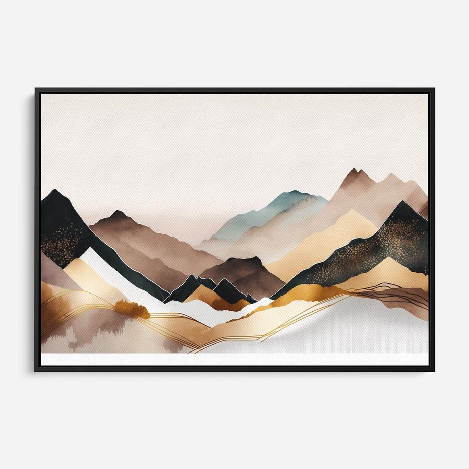 Obraz w ramie 70x50 - Góry Tonące w Pastelach - złote pastelowe góry, akwarela - rama czarna