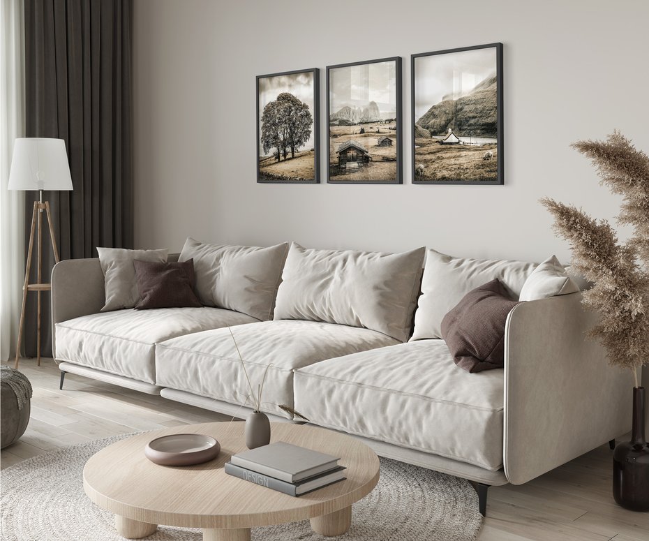 Zestaw obrazy w ramie 50x70 galeria - Górski, krajobraz, sepia - rama czarna