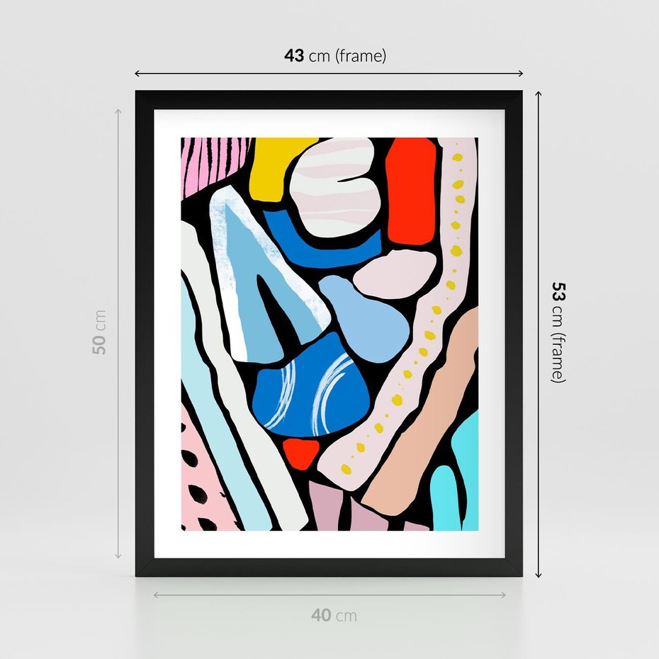 Plakat w ramie 40x50 - Kolory Na Czerni - abstrakcyjne formy, komiksowy styl - rama czarna