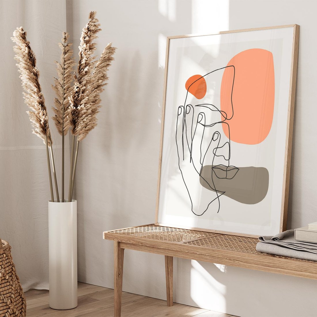 Plakat w ramie 40x50 - Ekspresja Kolorów: Szkic - one line szkic twarzy, kolorowe plamy - rama drewno