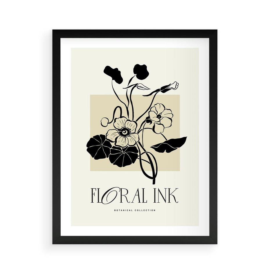 Plakat w ramie 50x70 - Podróż linii kwiatowego czasu - kwiaty, typografia - rama czarna