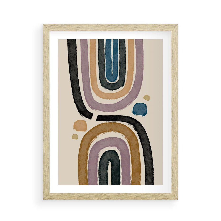 Plakat w ramie 50x70 - Taniec Przenikających Kształtów - abstrakcyjne tęcze, kompozycja - rama drewno
