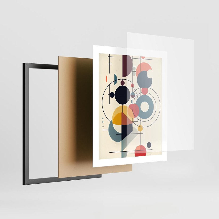 Plakat w ramie 40x50 - Rozbijające Barwne Granice - abstrakcyjna geometryczna kompozycja, koła linie - rama czarna