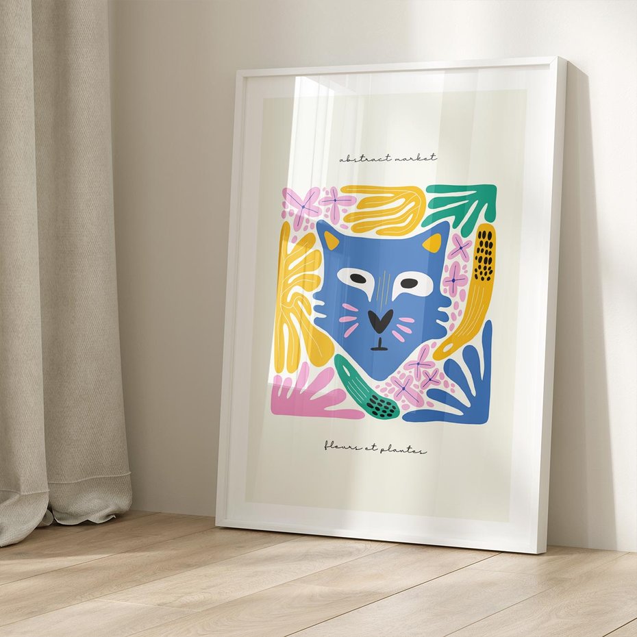 Plakat w ramie 40x50 - Kolorowe Spektrum - abstrakcyjny plakat, niebieski kot - rama biała