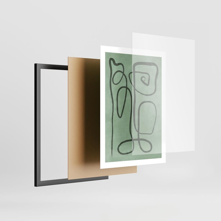 Plakat w ramie 50x70 - Zielone Wariacje w Liniach - abstrakcyjne zielone linie, skandynawski design - rama czarna