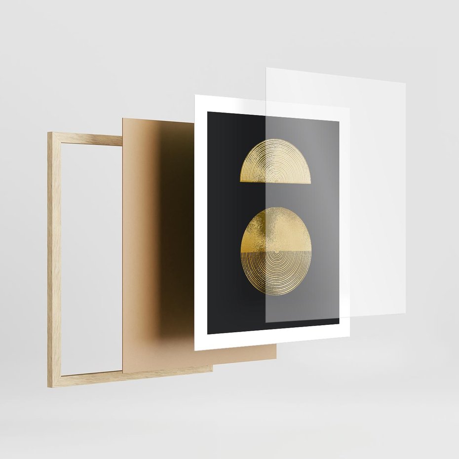 Plakat w ramie 40x50 - Migotliwe Przeniknięcia - złote koła, czarne tło - rama drewno