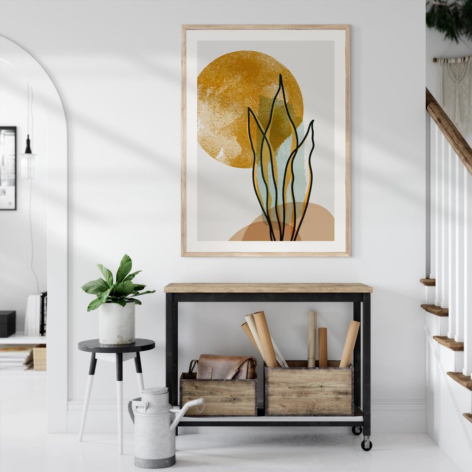 Plakat w ramie 50x70 - Światło Natury: Graficzne Liście i Złote Słońce - grafika, graficzne liście - rama drewno