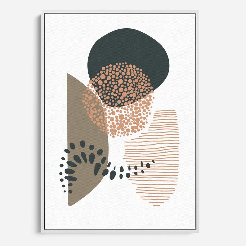 Obraz w ramie 50x70 - Harmonia Akwarelowych Przestrzeni - abstrakcyjna kompozycja z kropek kresek i kółek, odcienie brązu i beżu - rama biała