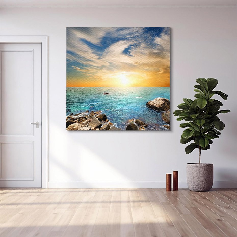 Obraz na płótnie 70x70 - Zachód słońca na plaży - plaża, zachód