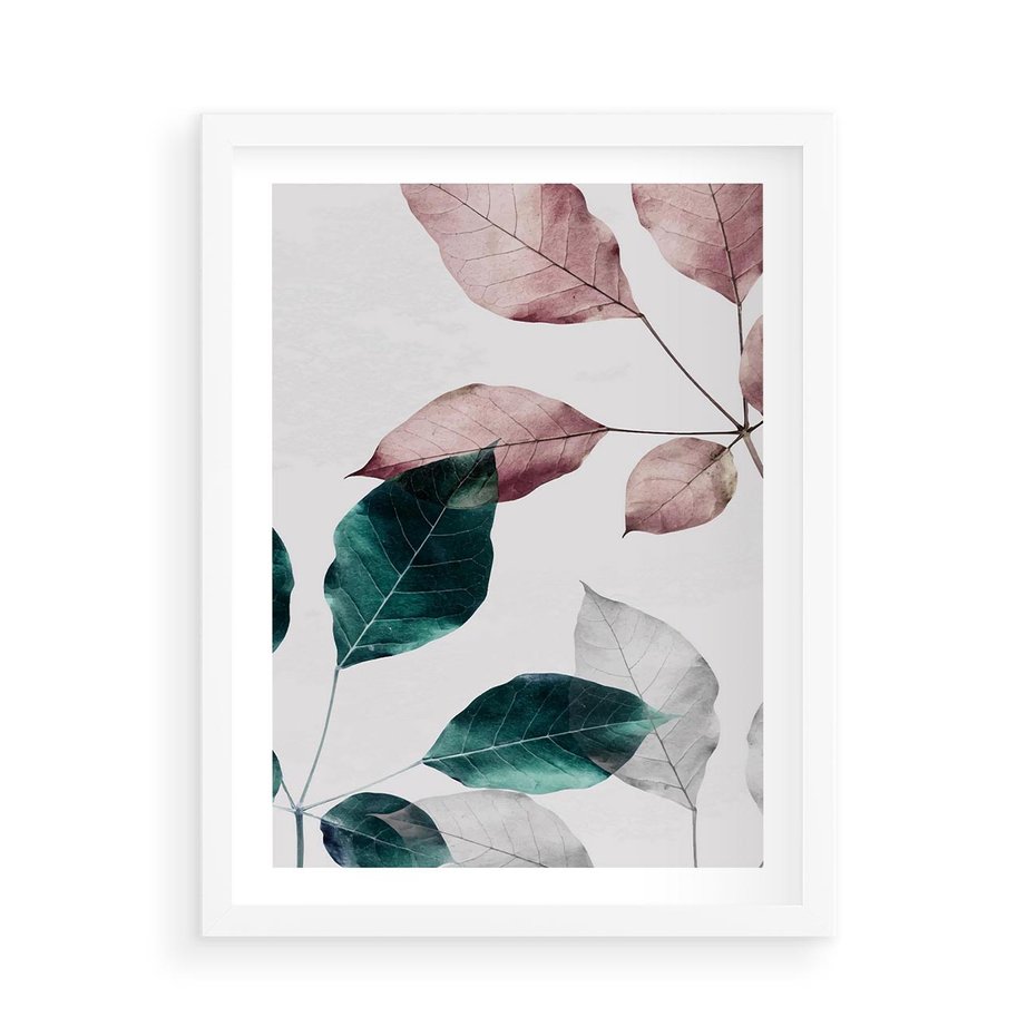 Plakat w ramie 50x70 - Pastelowe Liście w Minimalizmie - pastelowe liście, minimalistyczny obraz - rama biała
