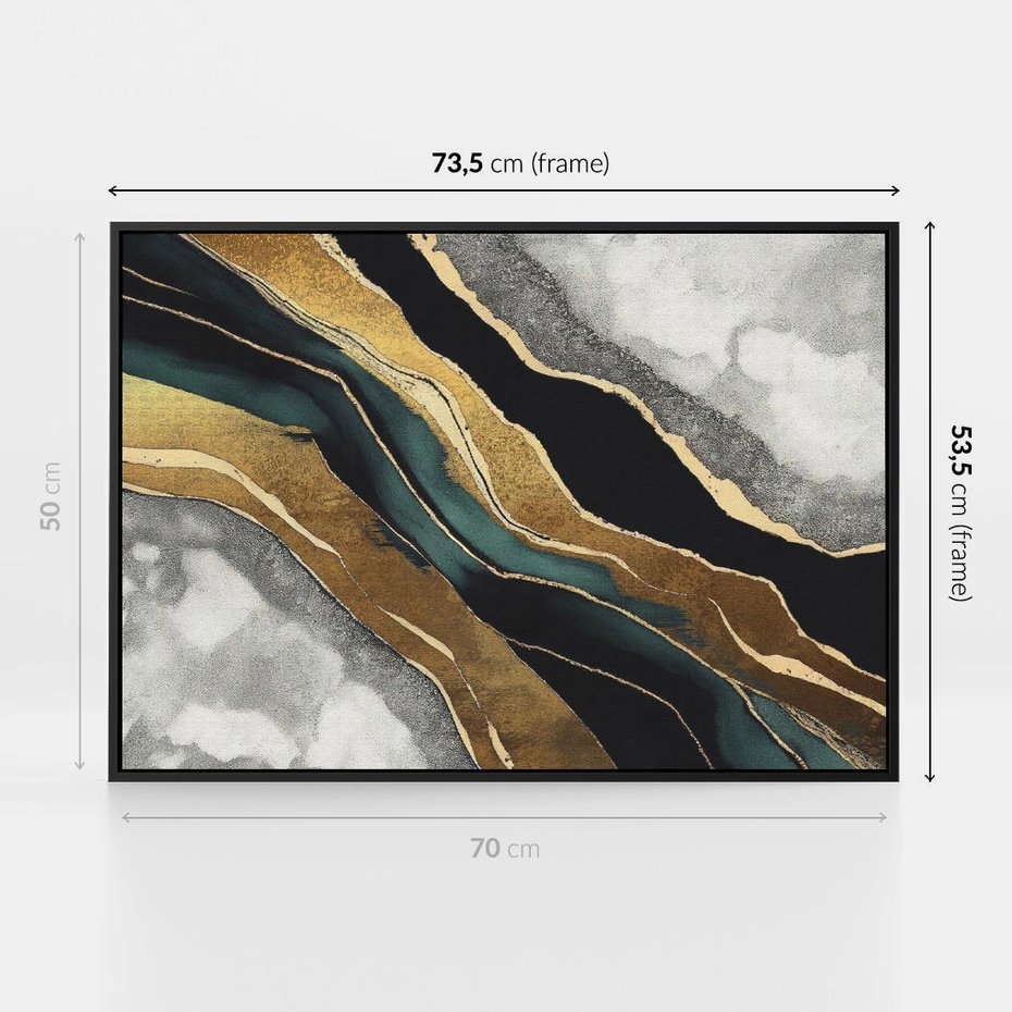 Obraz w ramie 70x50 - Refrakcje płynącej rzeczywistości - jak marmurowa rzeka, linie złota - rama czarna