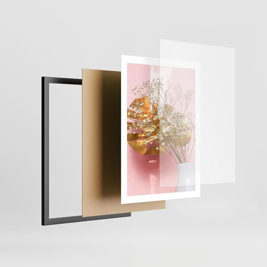 Plakat w ramie 50x70 - Złoty Akcent - złoty liść montery, gipsówka - rama czarna