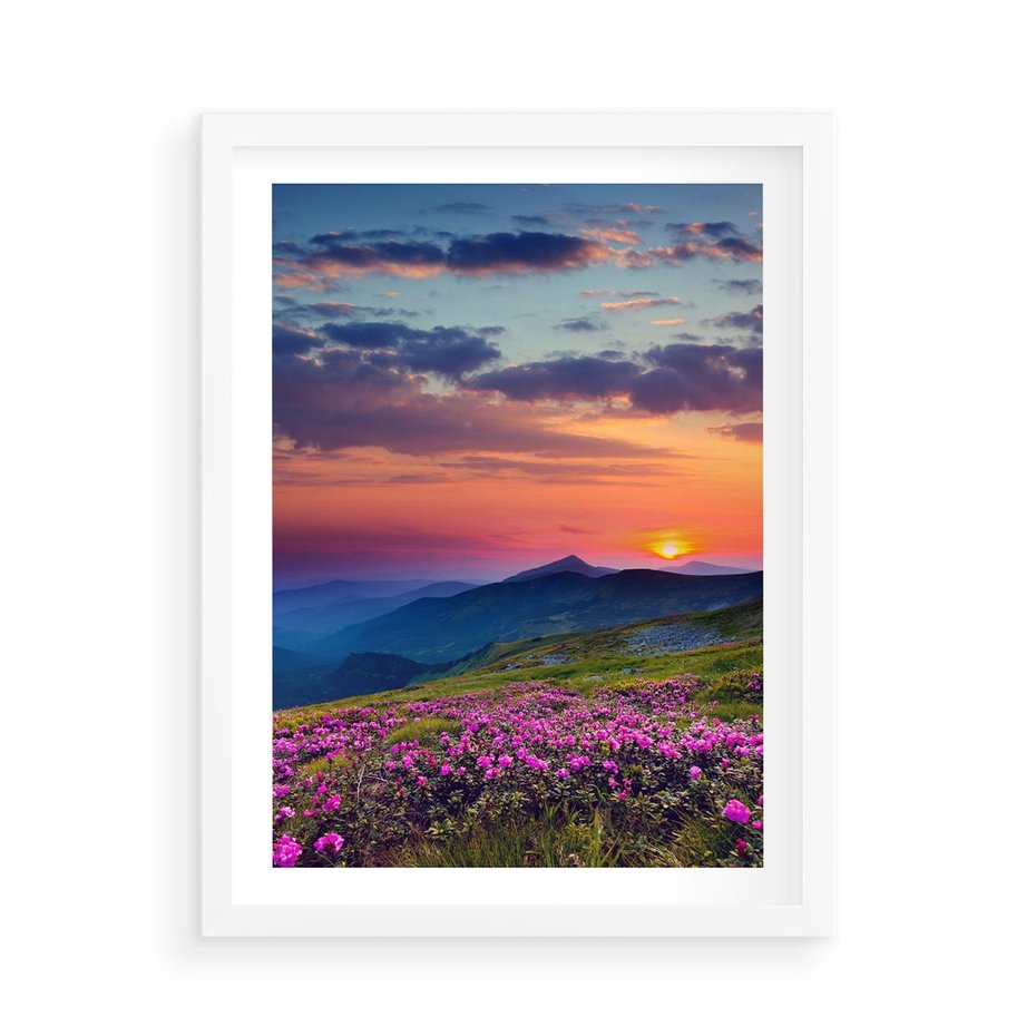 Plakat w ramie 50x70 - Górski Zachód - góry, łąka - rama biała