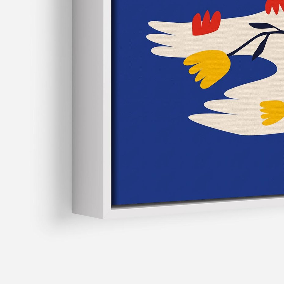 Obraz w ramie 80x80 - Bezgraniczne Widoki - niebieskie tło, abstrakcyjny biały ptak - rama biała