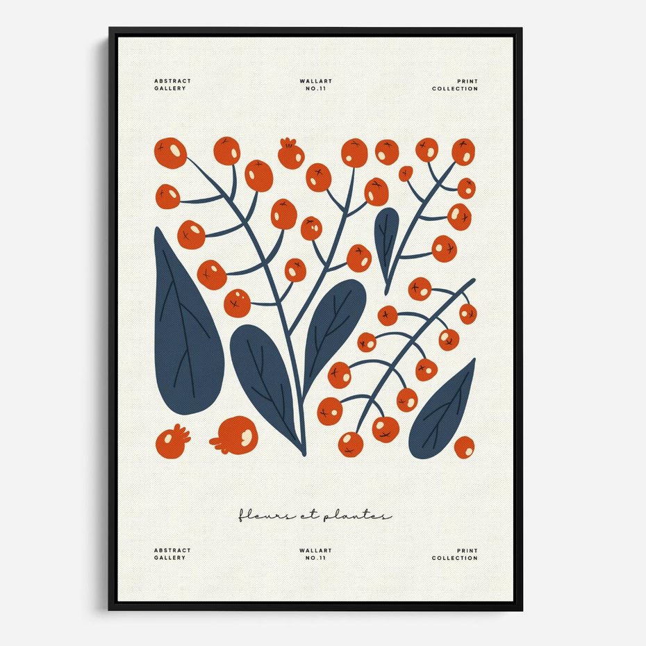 Obraz w ramie 50x70 - Minimalistyczna Uroda Jarzębin - jarzębiny, niebieskie liście - rama czarna