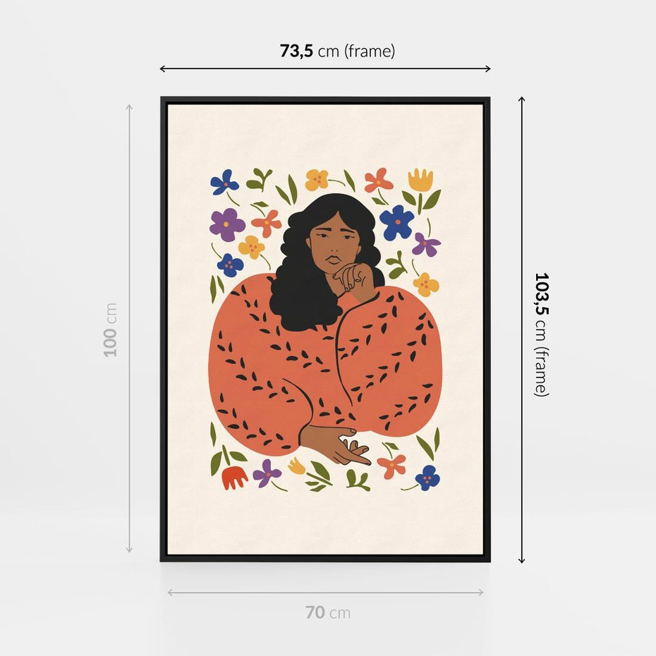 Obraz w ramie 70x100 - Rozplątane Emocje - nowoczesny plakat, kobieta otoczona kwiatami - rama czarna