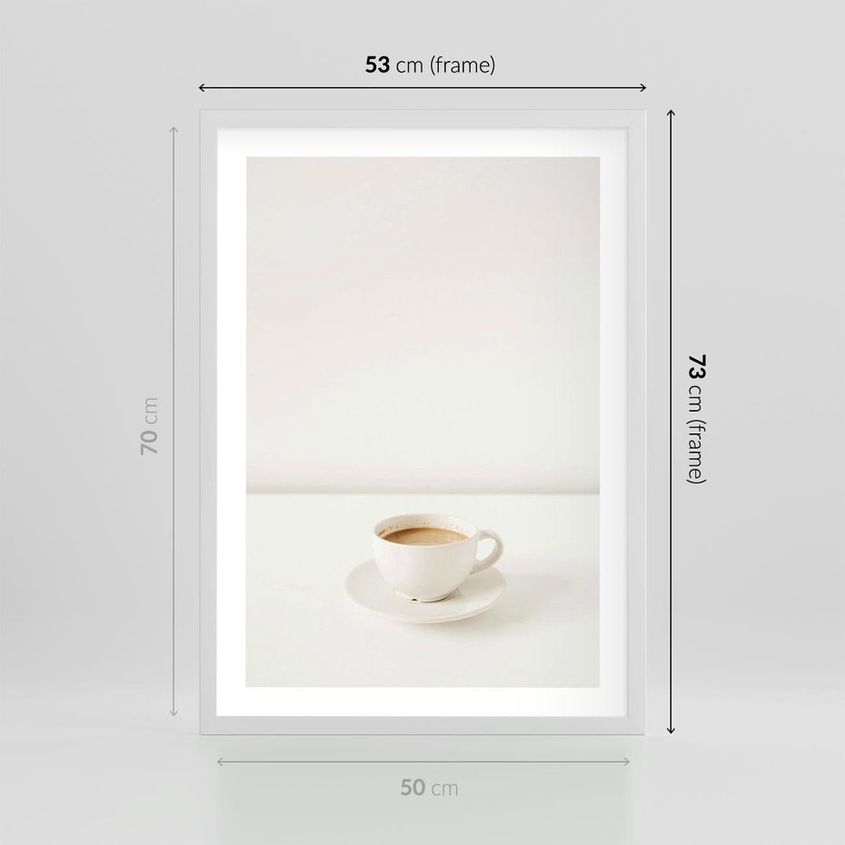 Plakat w ramie 50x70 - Kawa w Prostocie - kawa w filizance, białe tłó - rama biała