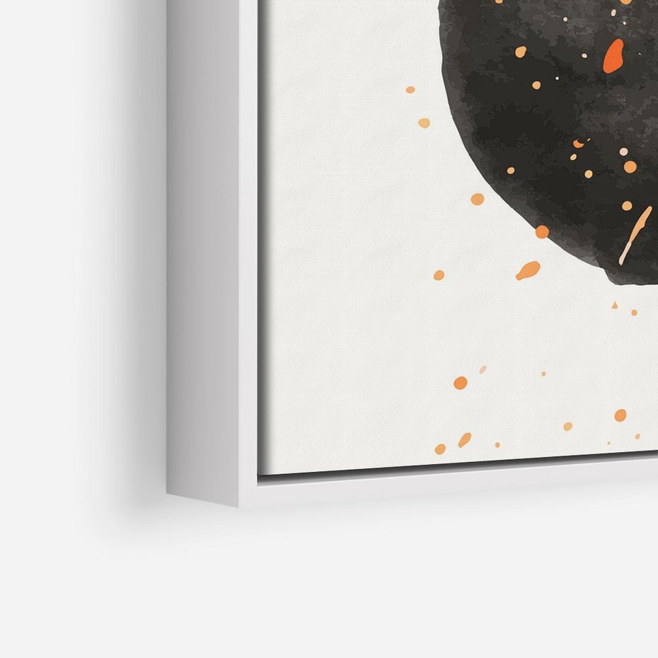 Obraz w ramie 50x50 - Wibracje Kolorów - abstrakcyjna czarna plama, rozsiane pomarańczowe kropki - rama biała