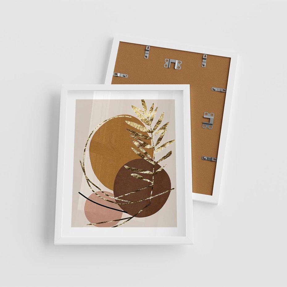 Plakat w ramie 40x50 - Taniec Przenikających Odbić - abstrakcyjny obraz, złote liście palmy - rama biała