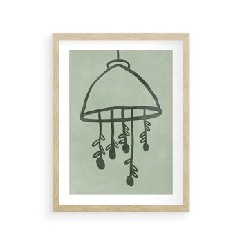 Plakat w ramie 30x40 - Zieleń Inspirującego Spokoju - plakat z abstrakcyjną zieloną lampą, skandynawski design - rama drewno