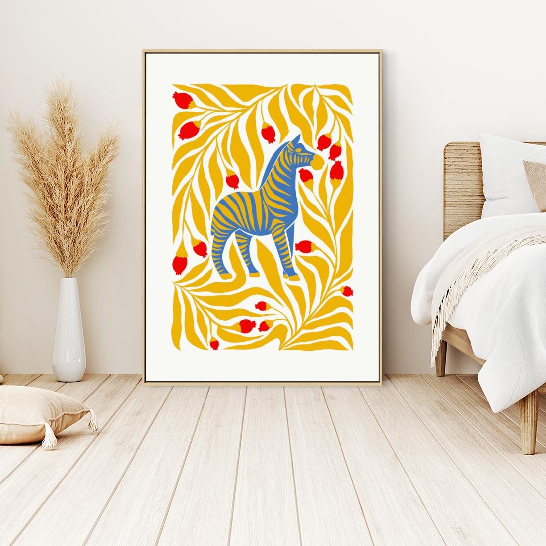 Obraz w ramie 50x70 - Zebra w Nowoczesności - abstrakcyjna nowoczesna grafika, pośrodku zebra - rama drewno