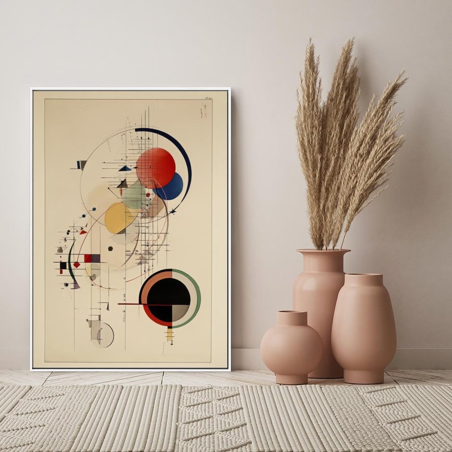 Obraz w ramie 80x120 - Impulsy Wydobyte z Cienia - abstrakcyjna geometryczna kompozycja, koła linie - rama biała