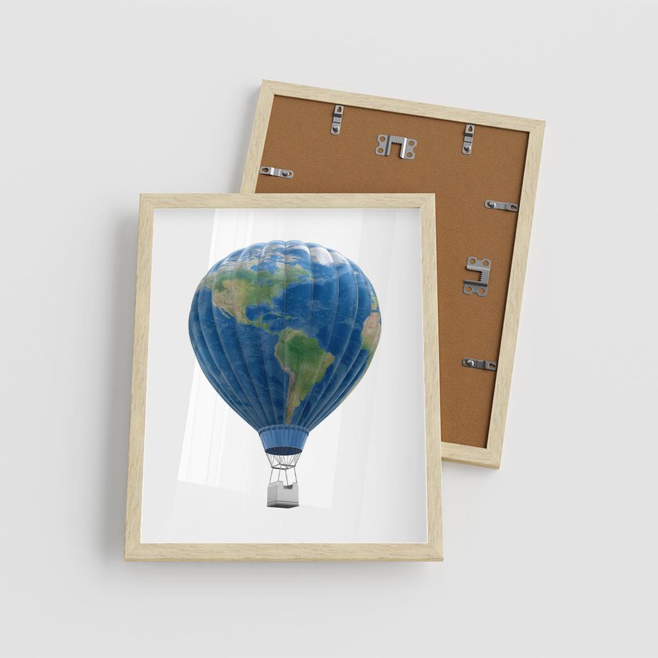Plakat w ramie 40x50 - Podróżniczy balon nad ziemią - balon, ziemia - rama drewno