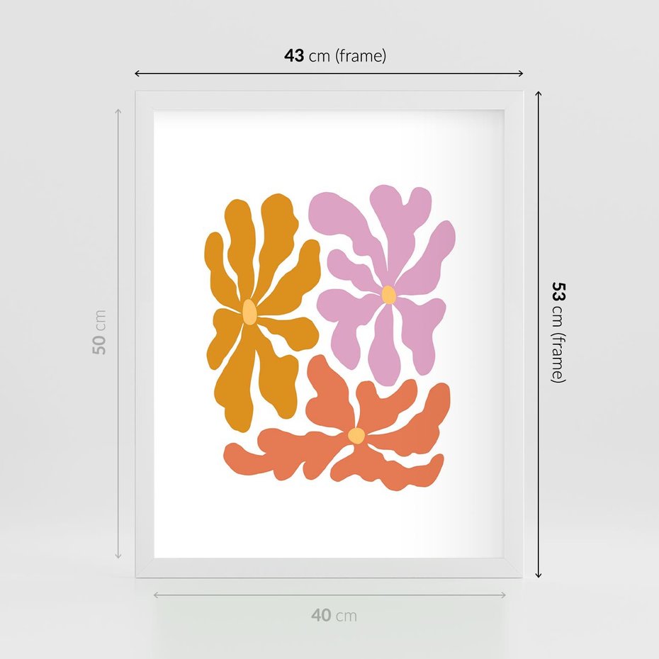 Plakat w ramie 40x50 - Rozbijające Refleksje - abstrakcyjne kolorowe kwiaty, minimlizm - rama biała