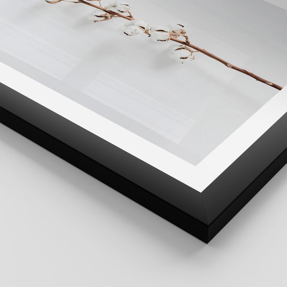 Plakat w ramie 30x40 - Minimalistyczna Gałązka Bawełny - bawełna, gałązka bawełny - rama czarna
