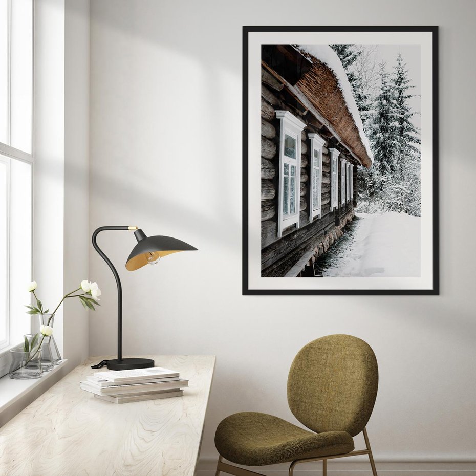 Plakat w ramie 50x70 - Cicha Zima - zima, domek w górach - rama czarna