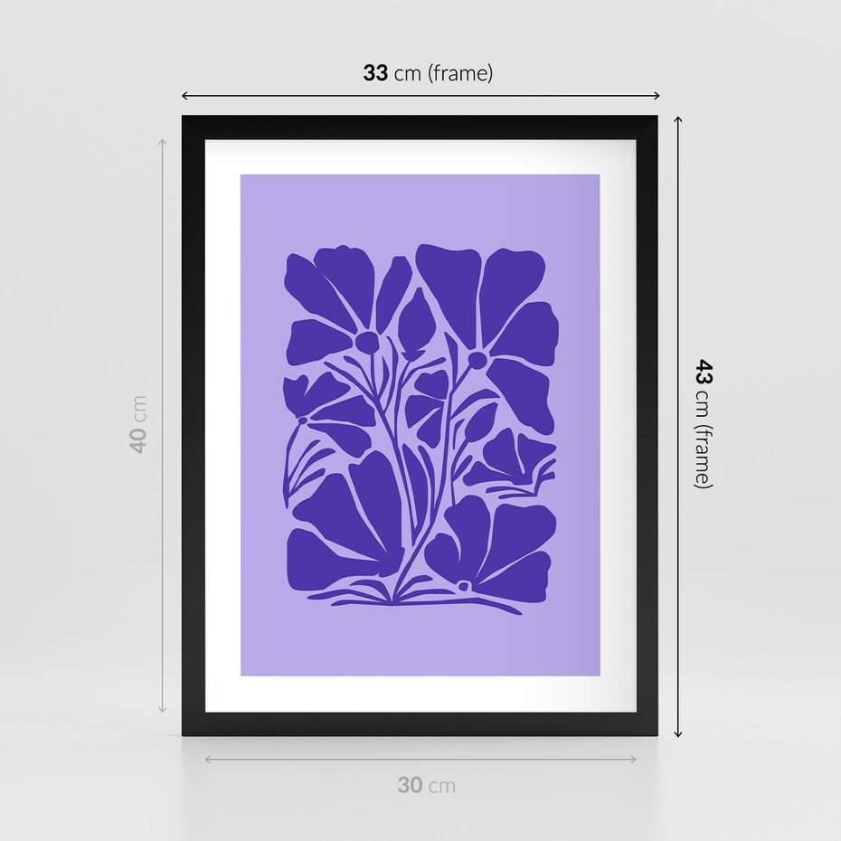 Plakat w ramie 30x40 - Migocące Boho Wibracje - kwiaty, energetyczne fioletowe tło - rama czarna