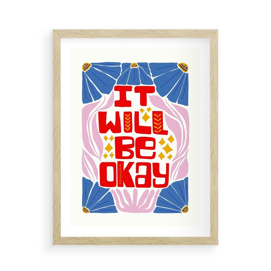 Plakat w ramie 50x70 - Kwiatowa Ekstaza - czerwona pozytywna typografia, kwiatowa kompozycja - rama drewno