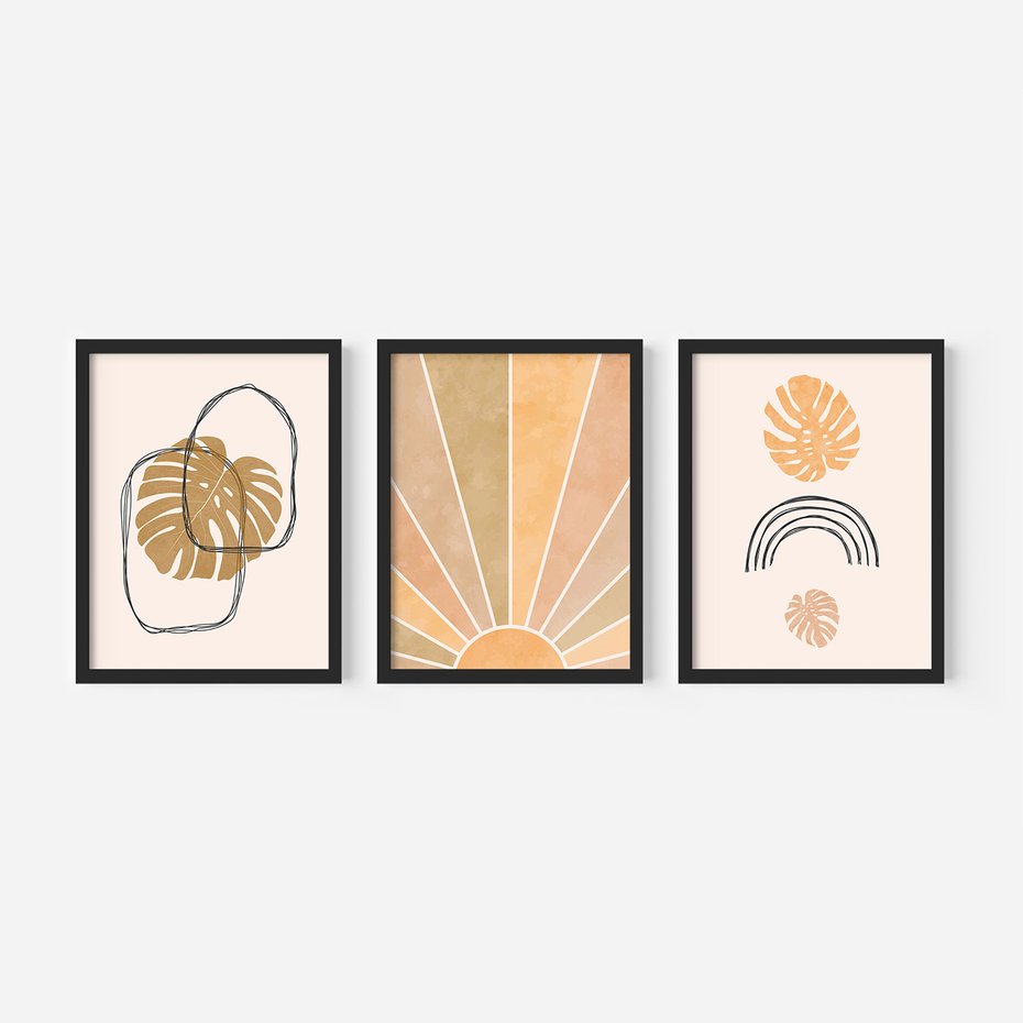 Zestaw obrazy w ramie 30x40 galeria - Boho, monstera, tęcza, nowoczesne - rama czarna